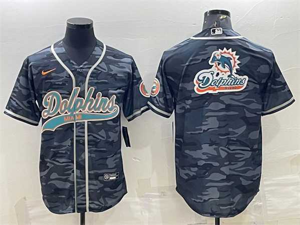 Men%27s Miami Dolphins Gray Camo Team Big Logo With Patch Cool Base Stitched Baseball Jersey